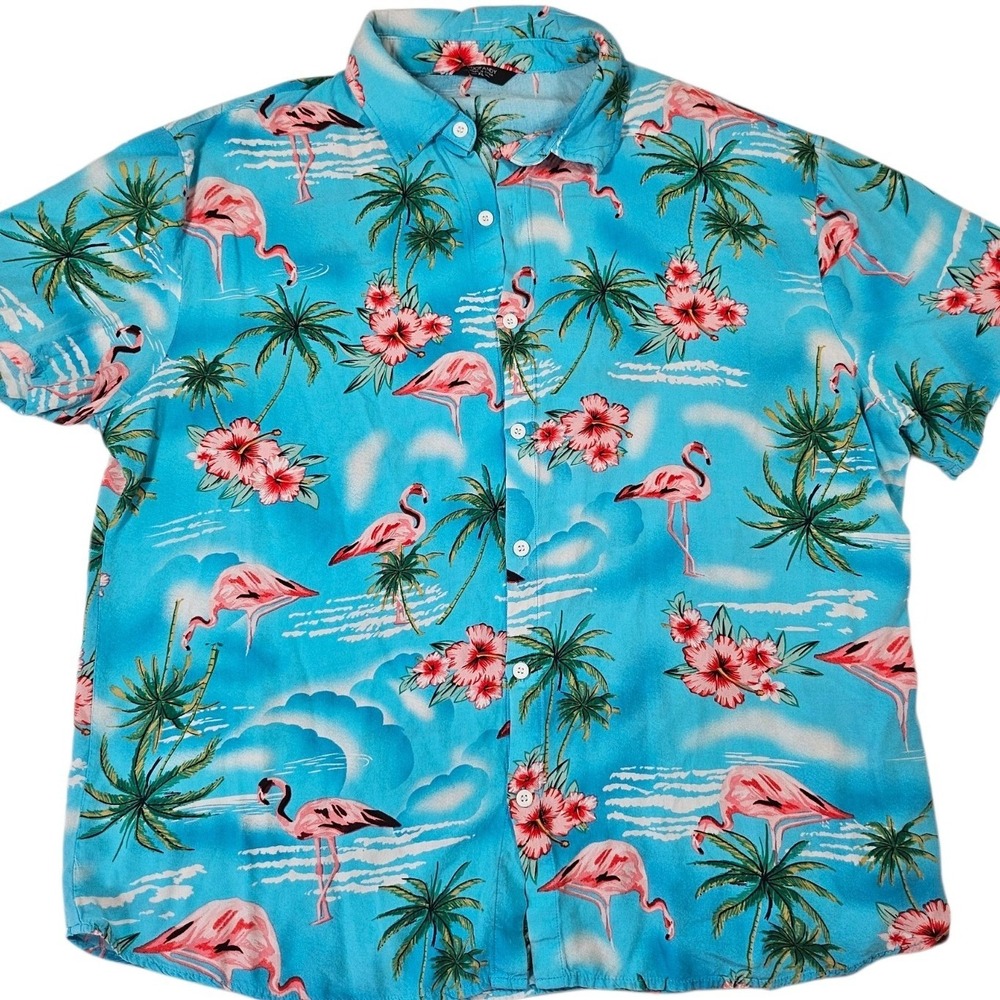 COOFANDY Mens XL Flamingo Tropical Button Down Shirt Blue Short Sleeve Boxy Fit